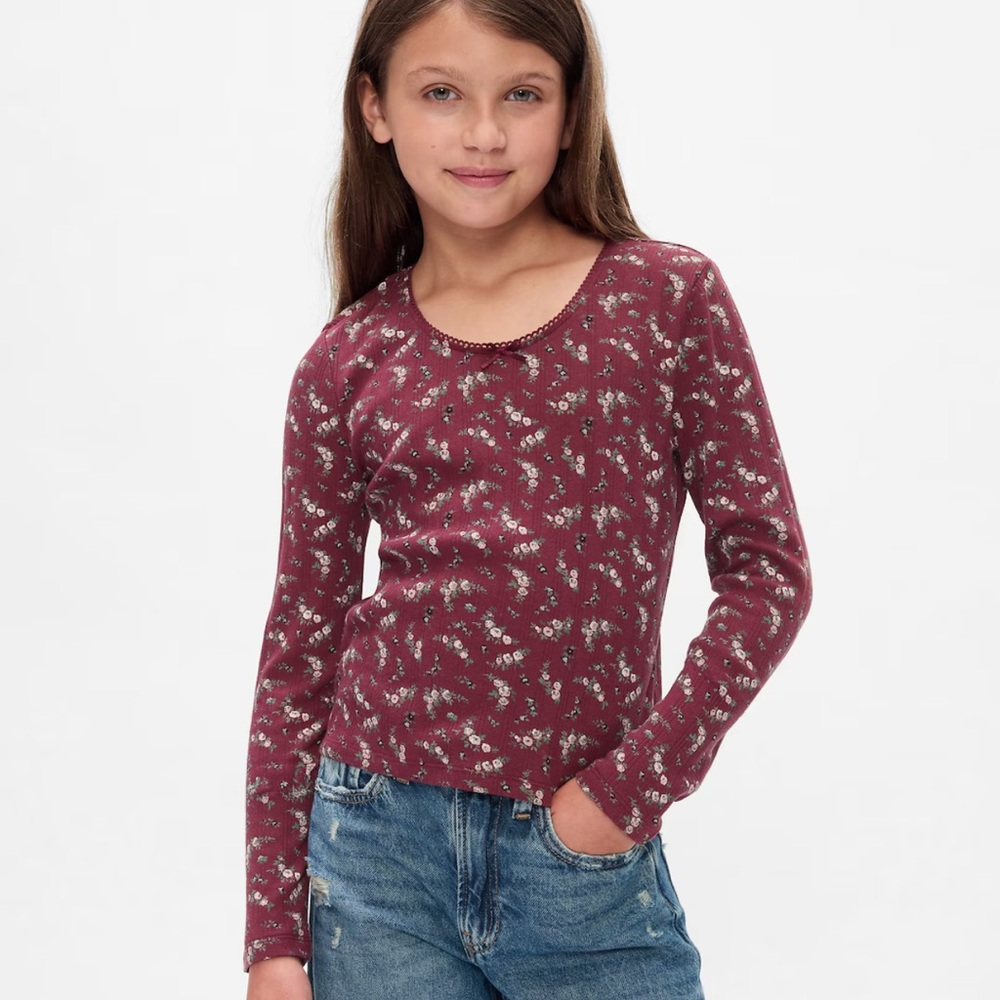 Floral Long Sleeve Kids Top - Maroon